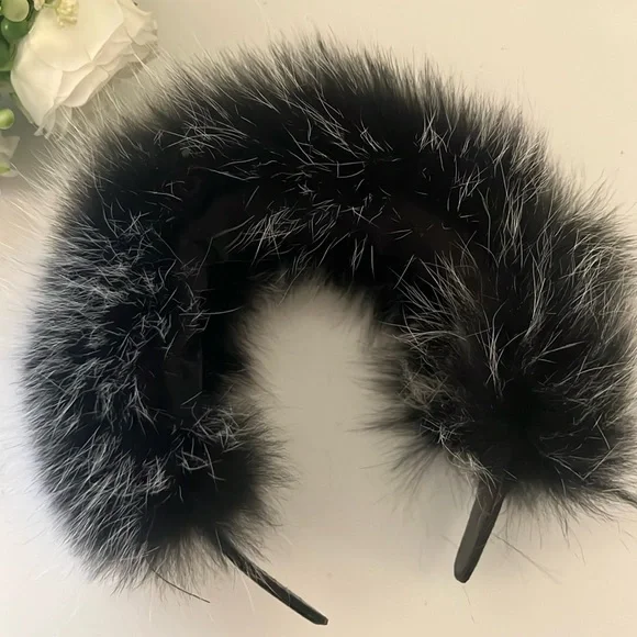 Headband Black White Fox Fur with leather Hair Accessory with Voluminous T… Fox Fur Headband – Henig Furs main image 4